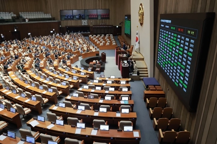 지난달 31일 국회에서 열린 7월 임시국회 제3차 본회의에서 전날 상정된 검사의 보완수사권 폐지를 골자로 한 형사소송법 일부개정법률안이 통과되고 있다.  연합뉴스