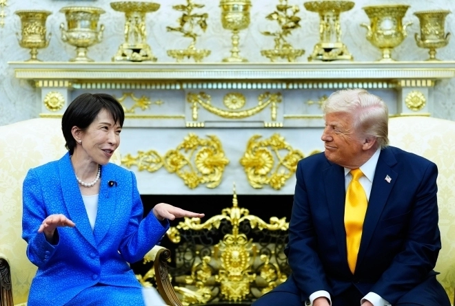 도널드 트럼프(오른쪽) 미국 대통령이 워싱턴DC 백악관 집무실에서 다카이치 사나에 일본 총리와 회담하고 있다. 2026.3.19 AP 뉴시스