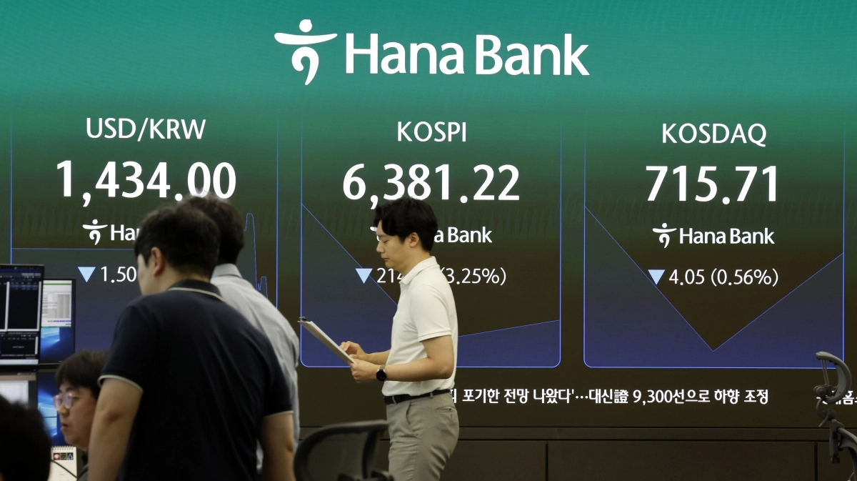 3일 오전 서울 중구 하나은행 딜링룸 전광판에 주요 지수가 표시 되고 있다.  코스피는 전거래일 보다 3.6% 하락한 6358.27에 개장했다. 코스닥 지수는 전거래일보다 1.36% 내린 709.99에 장을 시작했다. 원달러 환율은 1435.7원에 거래 중이다.