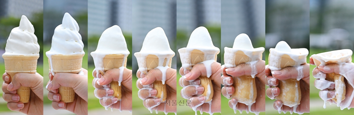 한낮 기온이 40도 안팎까지 치솟은 3일, 야외에 둔 콘 아이스크림은 끊임없이 흘러내리며 빠르게 형태를 잃었다. 녹기 시작한 아이스크림은 먹을 틈도 없이 무너져 내렸고, 7분 만에 완전히 녹아버렸다. 체온과 입에 닿는 시간이 더해질 경우 실제 녹는 속도는 이보다 더 빨라질 것으로 보인다. 2026.8.3 이지훈·홍윤기 기자