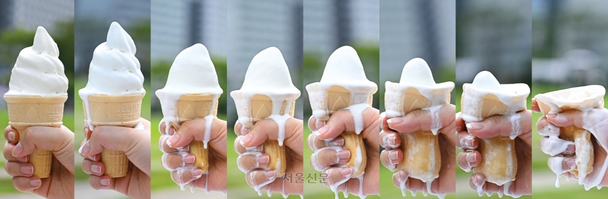 한낮 기온이 40도 안팎까지 치솟은 3일, 야외에 둔 콘 아이스크림은 끊임없이 흘러내리며 빠르게 형태를 잃었다. 녹기 시작한 아이스크림은 먹을 틈도 없이 무너져 내렸고, 7분 만에 완전히 녹아버렸다. 체온과 입에 닿는 시간이 더해질 경우 실제 녹는 속도는 이보다 더 빨라질 것으로 보인다. 2026.8.3 이지훈·홍윤기 기자