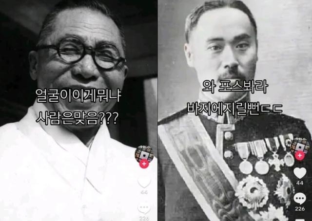 소셜미디어(SNS) ‘틱톡’에 올라온 백범 김구 선생 외모 비하 게시물(사진 왼쪽). 오른쪽은 이와 반대로 친일파 이완용의 외모를 칭찬하는 내용이다. 서경덕 성신여대 교수 페이스북 캡처