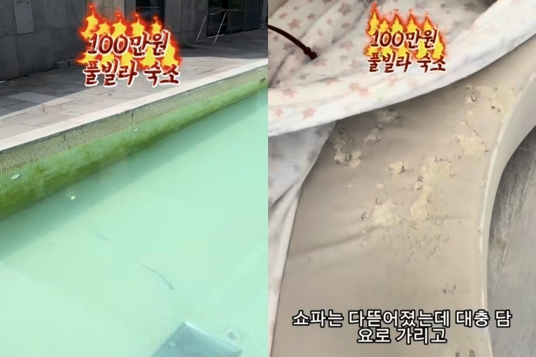 최근 경기 가평의 한 풀빌라를 이용한 고객들이 ‘초록빛 물’로 채워진 수영장 후기를 잇따라 올리면서 위생 문제가 제기됐다. 사진은 녹조와 이끼가 가득 낀 수영장과 해진 소파의 모습. 인스타그램(@jeon_sang89) 캡처