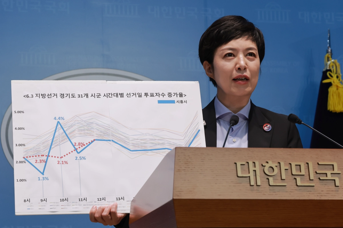 국민의힘 김은혜 의원이 4일 국회 소통관에서 6·3 지방선거 당일 경기 시흥시에서 1시간 만에 3천600여명의 투표자 수가 잘못 입력되는 ‘대규모 오류’가 발생한 것과 관련해 기자회견하고 있다. 연합뉴스