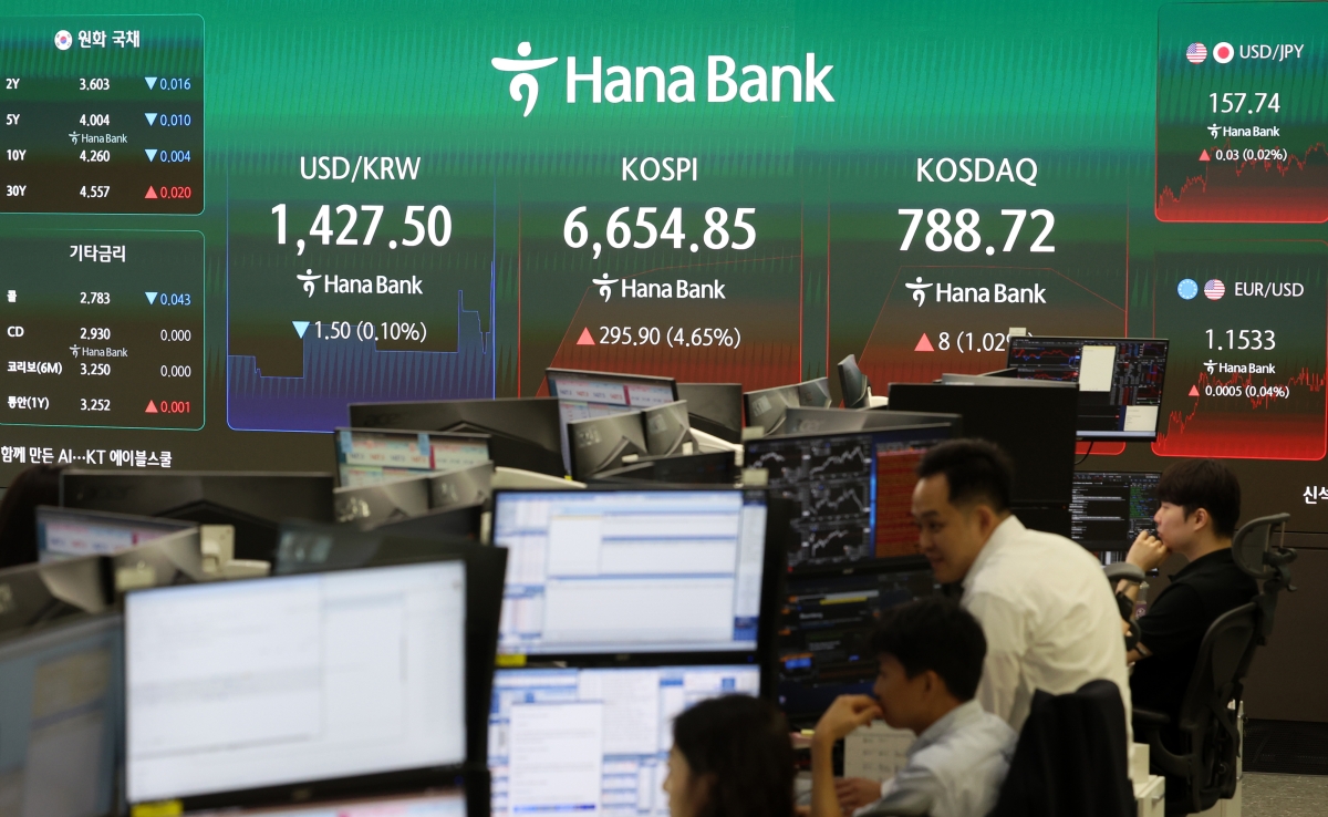코스피가 전 거래일보다 244.53포인트(3.85%) 오른 6603.48에 개장한 5일 오전 서울 중구 하나은행 딜링룸 전광판에 지수가 표시되고 있다. 뉴시스