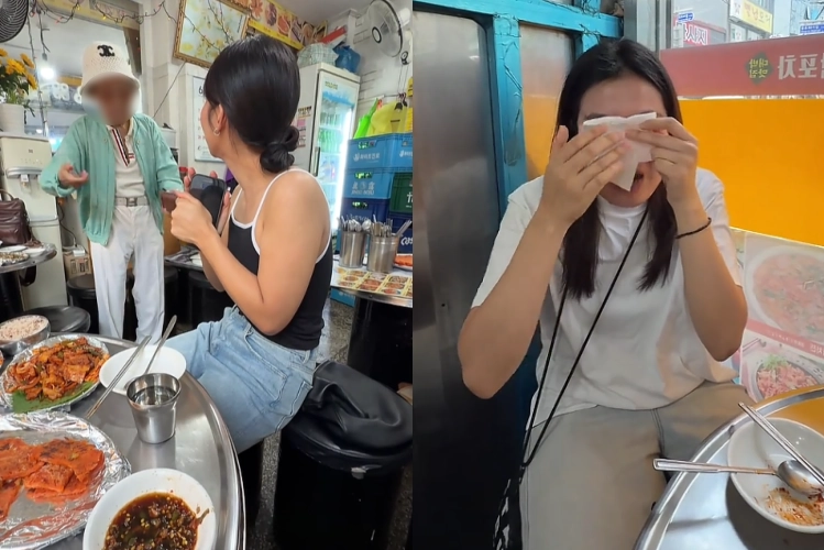 태국인 여성 와와(34)는 지난 6월 15일 친구들과 방문한 한국 식당에서 한 어르신이 식삿값을 대신 내줬다고 전했다. 사진은 어르신에 와와에게 식삿값을 내주겠다고 말을 건네는 모습(왼쪽)과 이에 감동을 받은 와와의 친구가 눈물을 흘리는 모습. 틱톡(@Maythaphan) 캡처