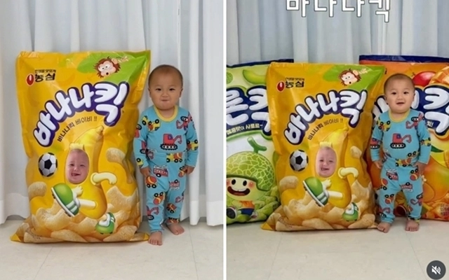 농심 ‘바나나킥’ 과자를 먹으려다 엄마의 말 한 마디에 머쓱해하는 생후 12개월 박성우 아기의 영상이 화제가 되자, 농심이 특별 선물을 제작했다. 2026.7.2 인스타그램(@j.yeon____))