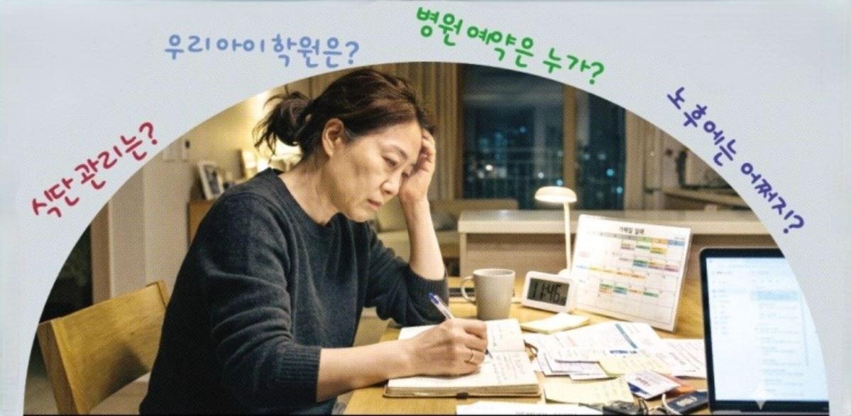 눈에 띄지는 않지만 가족 안에서 돌봄이 제대로 이뤄지기 위해서는 누군가 끊임없이 시간과 정성을 쏟아야만 한다. ﻿가족 모두가 잠든 시간에도 ‘끄기’ 버튼이 꺼진 컨베이어 벨트에 올라 타 있는 것처럼 ‘기획 노동’을 수행하는 여성의 이미지를 인공지능(AI)으로 생성한 모습. 제미나이 생성