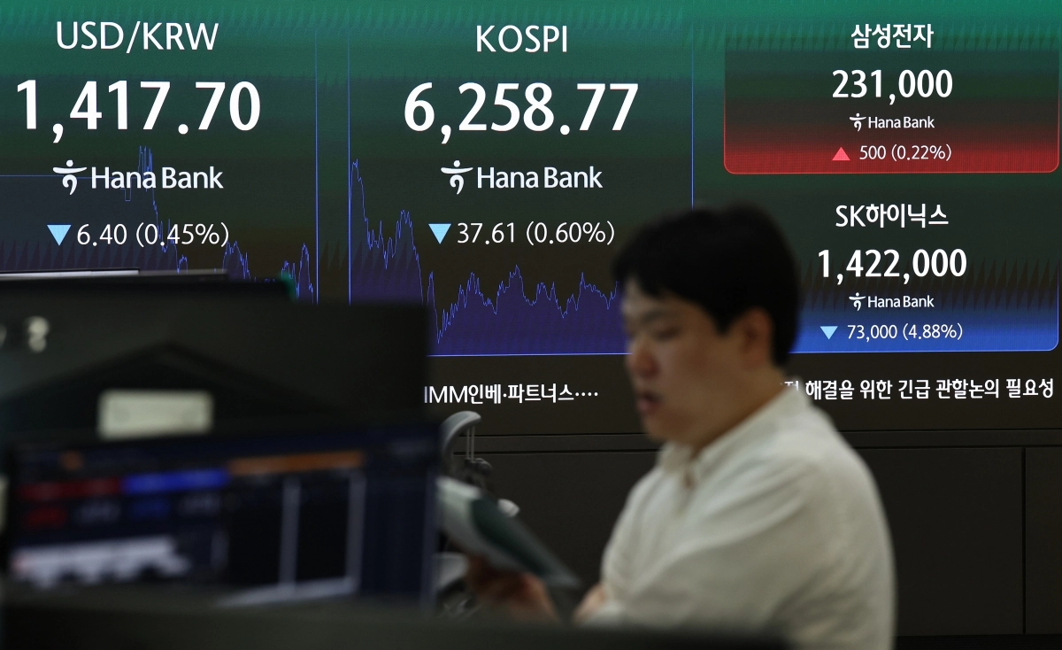 코스피가 전장보다 37.61포인트(0.60%) 내린 6258.77에 장을 마친 7일 서울 하나은행 본점 딜링룸에서 딜러들이 업무를 보고 있다. 연합뉴스