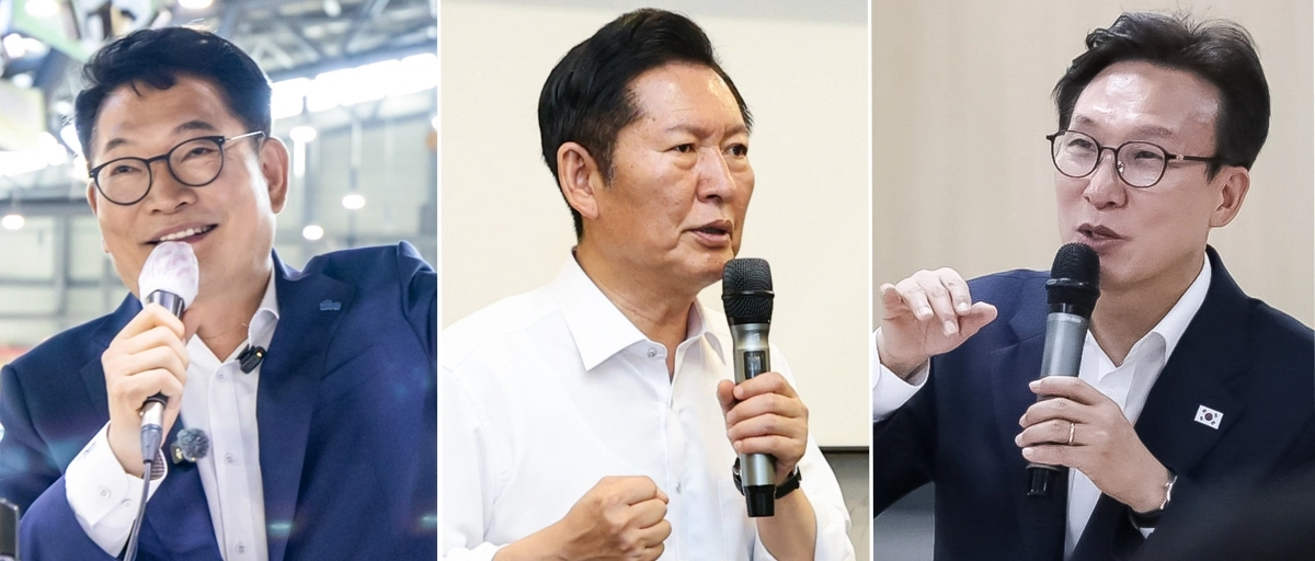 송영길(왼쪽부터) 더불어민주당 당대표 후보와 정청래 후보, 김민석 후보가 7일 오전 각각 전남광주와 전북 전주시와 전남광주 목포시를 찾아 서부 농수산물 도매시장과 전북특별자치도당 청년 권리당원 간담회, 전남지역 수협 조합장 간담회를 갖고 있다. 뉴시스