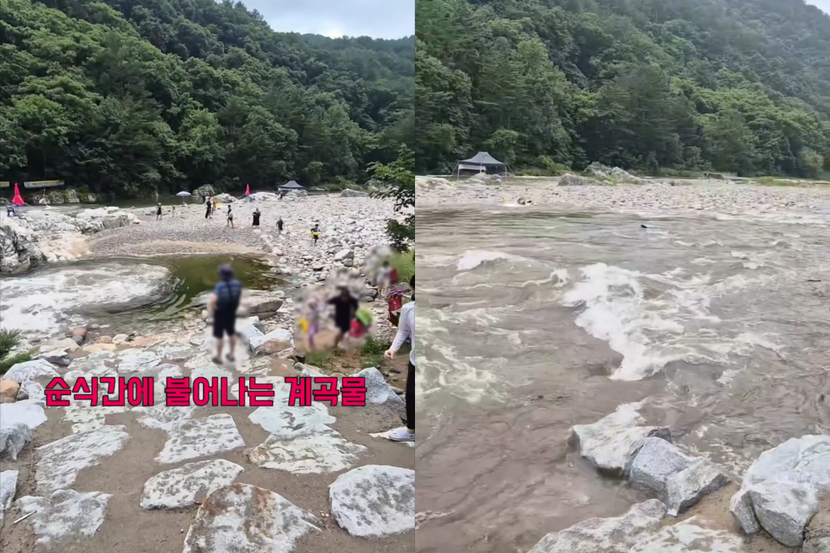 8일 강원 인제군 북면 용대리 백담사 주차장 인근 계곡에서 물놀이하던 7명이 갑자기 불어난 물에 고립됐다가 소방 당국에 의해 1시간 10여분 만에 모두 구조됐다. 사진은 상류의 물이 밀려 들어오는 순간(왼쪽)과 하류의 물까지 불어난 상태. 2026.8.8. 인스타그램 캡처