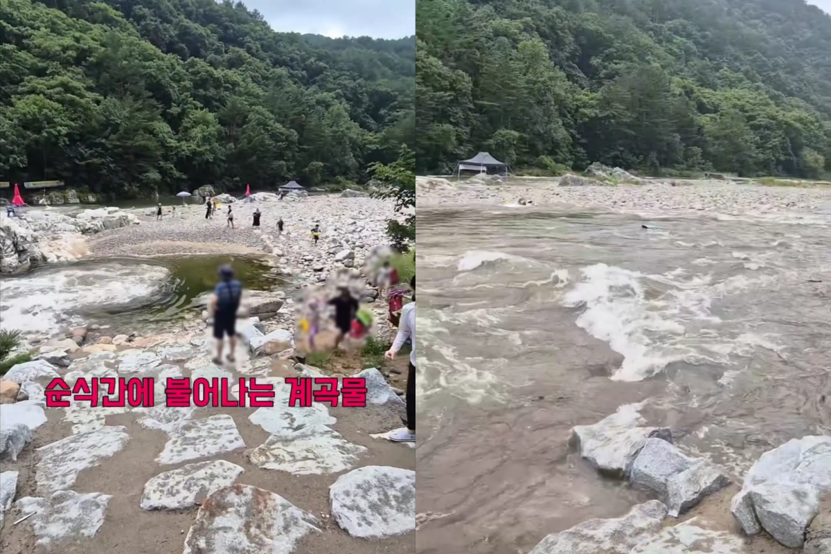 8일 강원 인제군 북면 용대리 백담사 주차장 인근 계곡에서 물놀이하던 7명이 갑자기 불어난 물에 고립됐다가 소방 당국에 의해 1시간 10여분 만에 모두 구조됐다. 사진은 상류의 물이 밀려 들어오는 순간(왼쪽)과 하류의 물까지 불어난 상태. 2026.8.8. 인스타그램 캡처