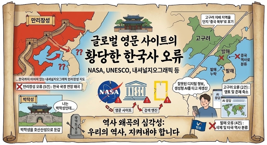 유네스코(UNESCO), 미국 항공우주국(NASA), 내셔널지오그래픽 등 해외 유명 기관 영문 사이트에서 한국사 관련 오류와 누락 사례를 다수 발견된 것으로 전해졌다. 사진은 한국사 오류와 관련한 AI 생성 이미지. 2026. 8. 9. 서울신문