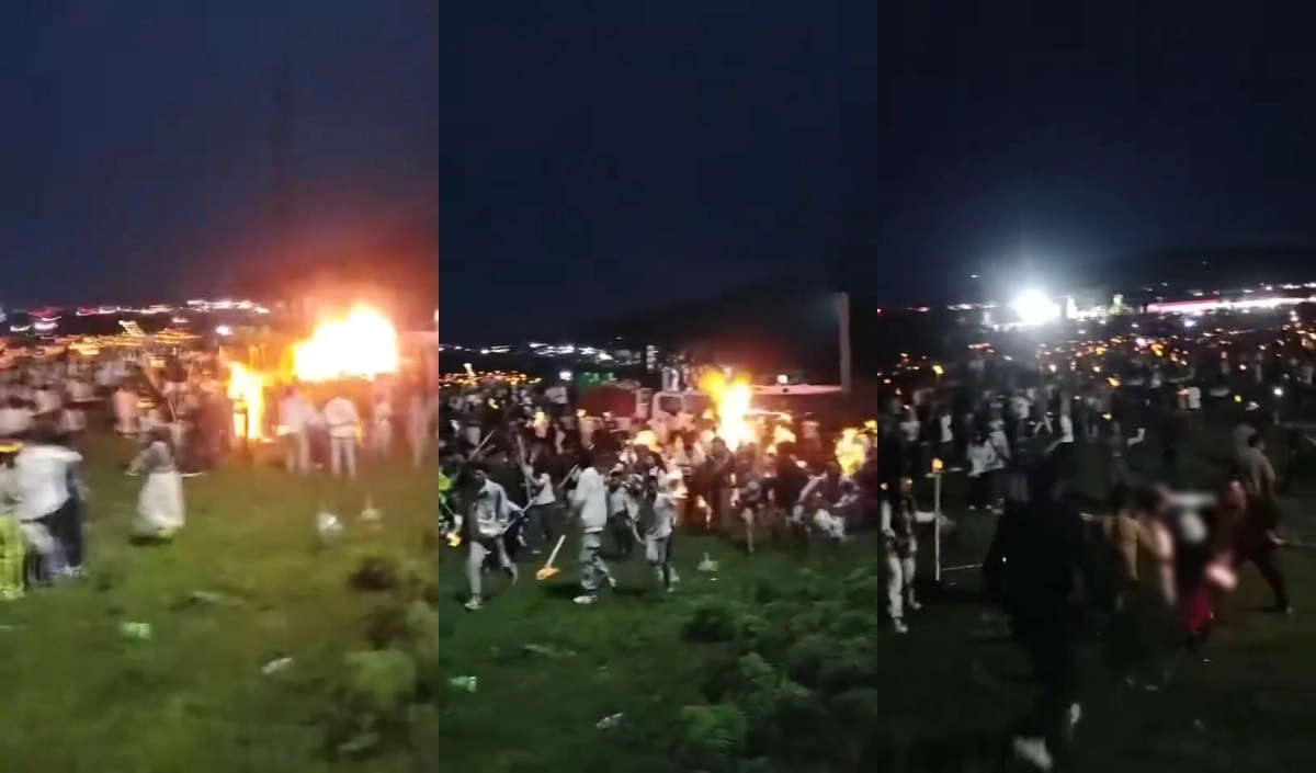 6일(현지시간) 오후 8시 30분쯤 중국 남서부 윈난성 취징시 쉬안웨이 지역에서 열린 횃불 축제에서 인화물질에 갑자기 불이 붙으면서 폭발에 가까운 화염이 발생해 사람들이 대피하고 있다. 오른쪽은 옷에 불이 붙은 사람의 불을 주변 사람들이 꺼주는 모습. 소셜미디어(SNS) 캡처