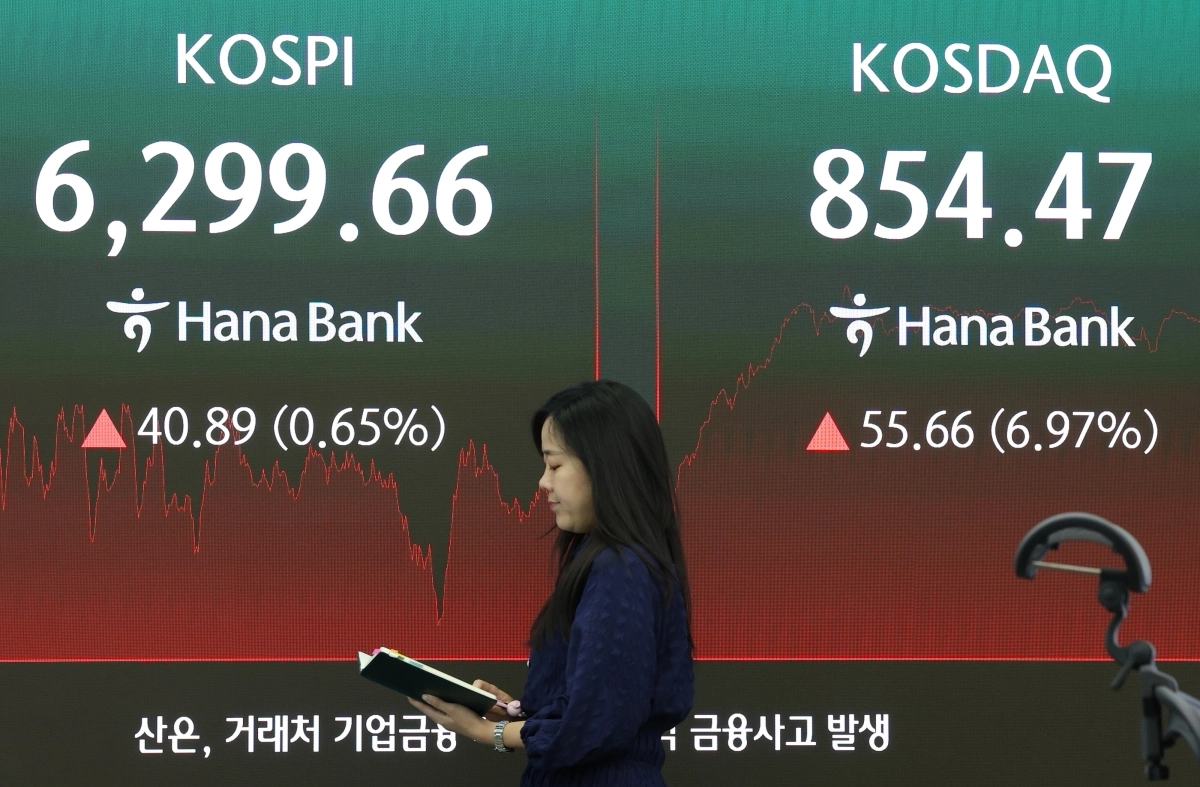 10일 서울 중구 하나은행 딜링룸 현황판에 코스피와 코스닥지수가 표시되고 있다. 이날 코스피는 40.89포인트(0.65%) 오른 6299.66으로, 코스닥은 55.66포인트(6.97%) 오른 854.47에 마감했다. 2026.8.10. 연합뉴스