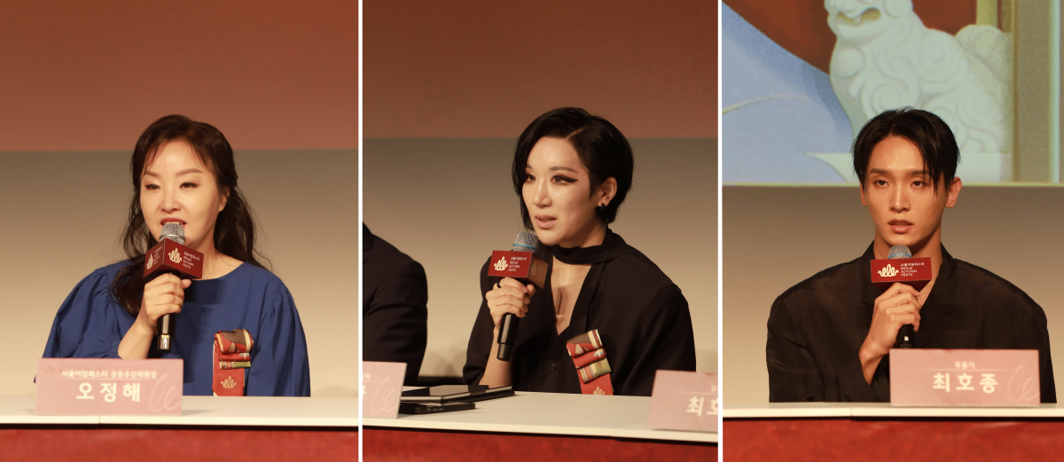10일 서울 대학로 서울연극창작센터에서 열린 ‘2026 서울어텀페스타’ 기자간담회에서 공동추진위원장 오정해(왼쪽), 개막작 연출을 맡은 안무가이자 무용가 이루다(가운데), 홍보위원 안무가·무용가 최호종(오른쪽)이 소감을 전하고 있다. 서울문화재단 제공