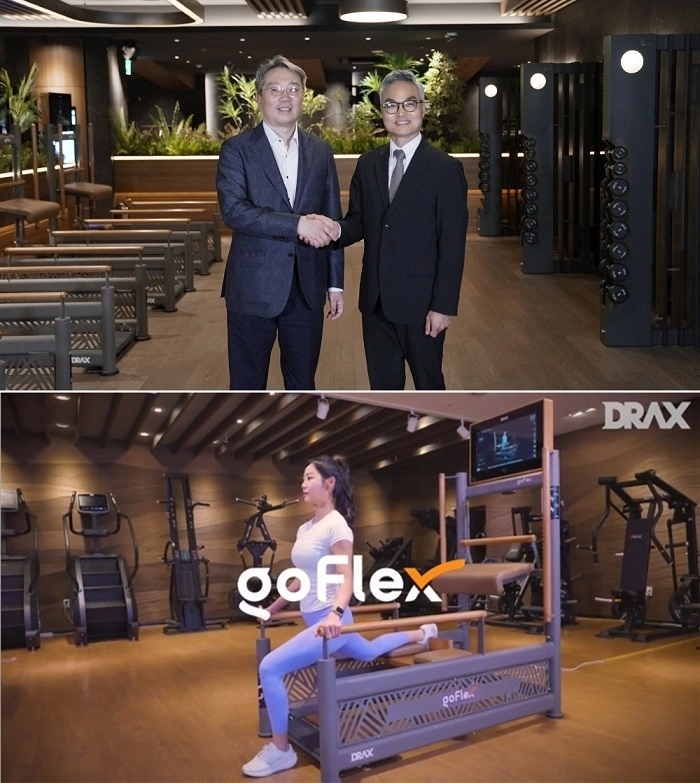 (위)디랙스 유선경 대표이사 및 헤만 안기만 박사 기념 촬영, (아래)디랙스의 멀티 스트레칭 머신 ‘고플렉스(GoFlex)’(제공-디랙스)