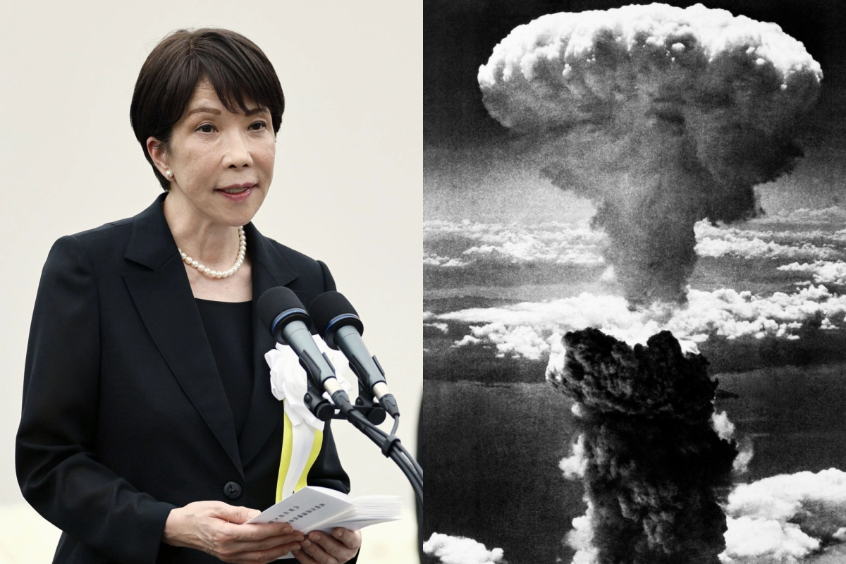 다카이치 사나에 일본 총리가 2026년 8월 9일 나가사키 평화공원에서 열린 ‘원폭 전몰자 위령식·평화기원식’에 참석해 기념사를 낭독하고 있다. AP 연합뉴스