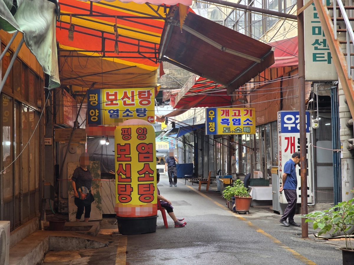 ‘개 식용 종식법’ 시행 전 마지막 복날을 이틀 앞둔 12일 낮 대구 북구 칠성종합시장.  개고기 식당 업주들이 손님을 기다리는 듯 밖으로 나와  있다. 2026. 8. 12. 대구 민경석 기자