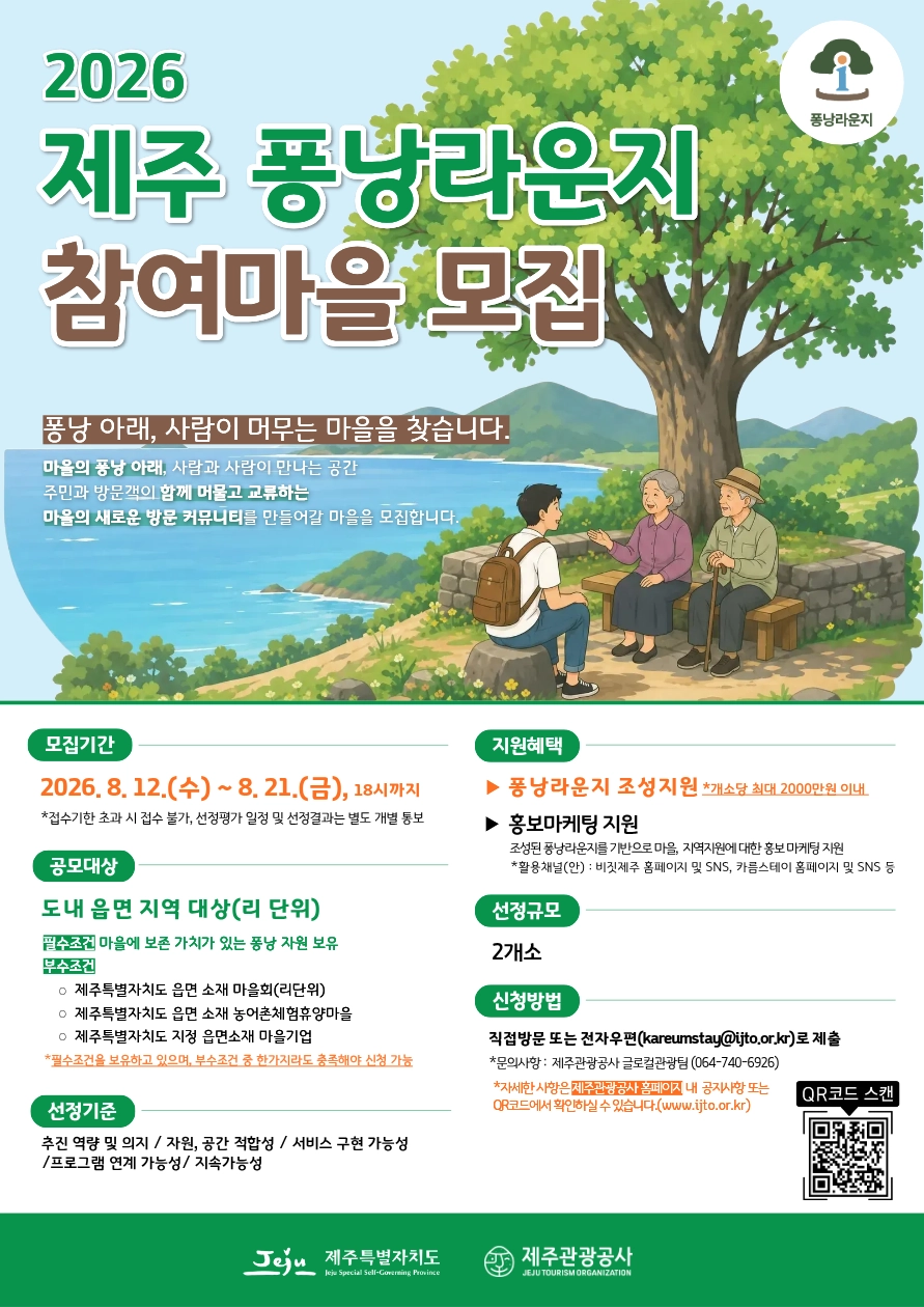 2026년 퐁낭라운지’ 조성사업에 선정된 읍·면지역 마을엔 한 곳당 최대 2000만원의 퐁낭라운지 조성비가 지원된다.  제주관광공사 제공