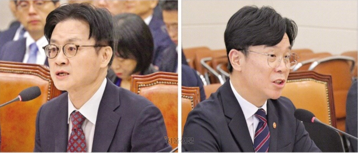 김정관(왼쪽) 산업통상부 장관이 12일 국회에서 열린 산업통상자원중소벤처기업위원회 업무보고에서 의원의 질의에 답변하고 있다. 같은 날 같은 시각 김영훈(오른쪽) 고용노동부 장관은 국회 기후에너지환경노동위원회 업무보고에 참석해 의원질의에 답변하고 있다. 안주영 전문기자