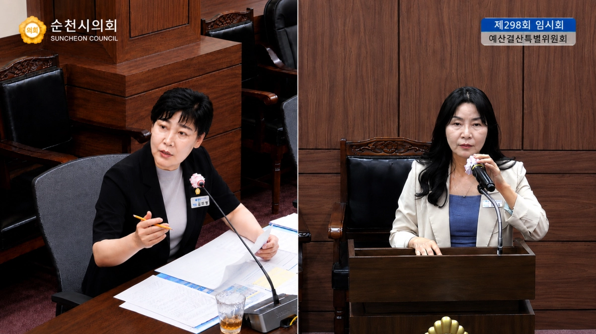 김미영(왼쪽) 순천시의원이 신경란 시 예산과장에게  가뭄 대책을 위해 신속한 예산 집행을 주문하고 있다.
