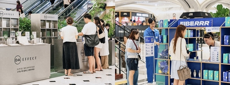 신세계백화점 강남점 LV BnF 팝업 스토어에서 방문객들이 디에이이펙트(왼쪽)·파이벌(오른쪽)의 브랜드별 체험 프로그램을 즐기고 있다 [사진=로지스밸리비앤에프 제공]