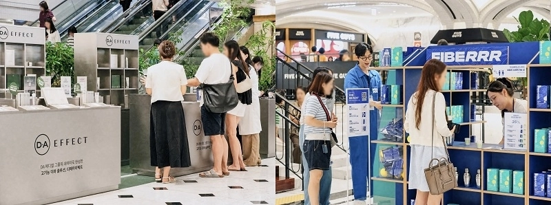신세계백화점 강남점 LV BnF 팝업 스토어에서 방문객들이 디에이이펙트(왼쪽)·파이벌(오른쪽)의 브랜드별 체험 프로그램을 즐기고 있다 [사진=로지스밸리비앤에프 제공]