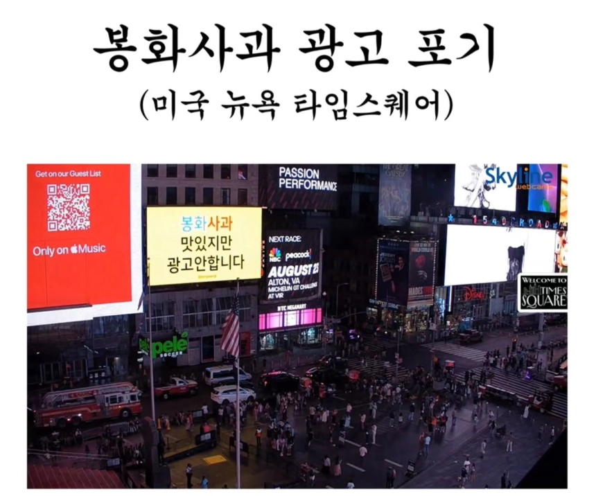 13일 인스타그램 ‘봉화군 봉숭이 주무관’ 계정에 올라운 미국 타임스퀘어 광고 모습. 인스타그램 ‘bongsoongi’ 캡처