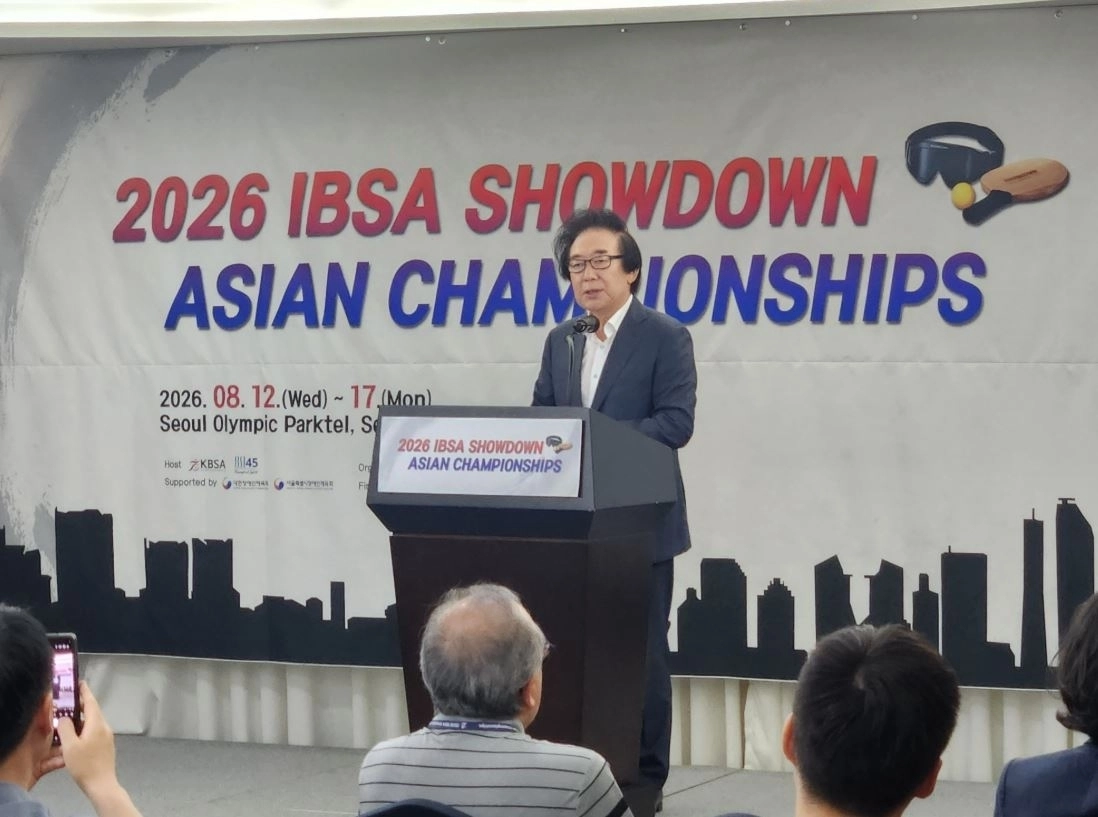 14일 오전 서울올림픽파크텔에서 열린 ‘2026 IBSA 쇼다운 아시아 챔피언십’ 개회식에 참석해 축사하는 김기덕 의원. 서울시의회 제공