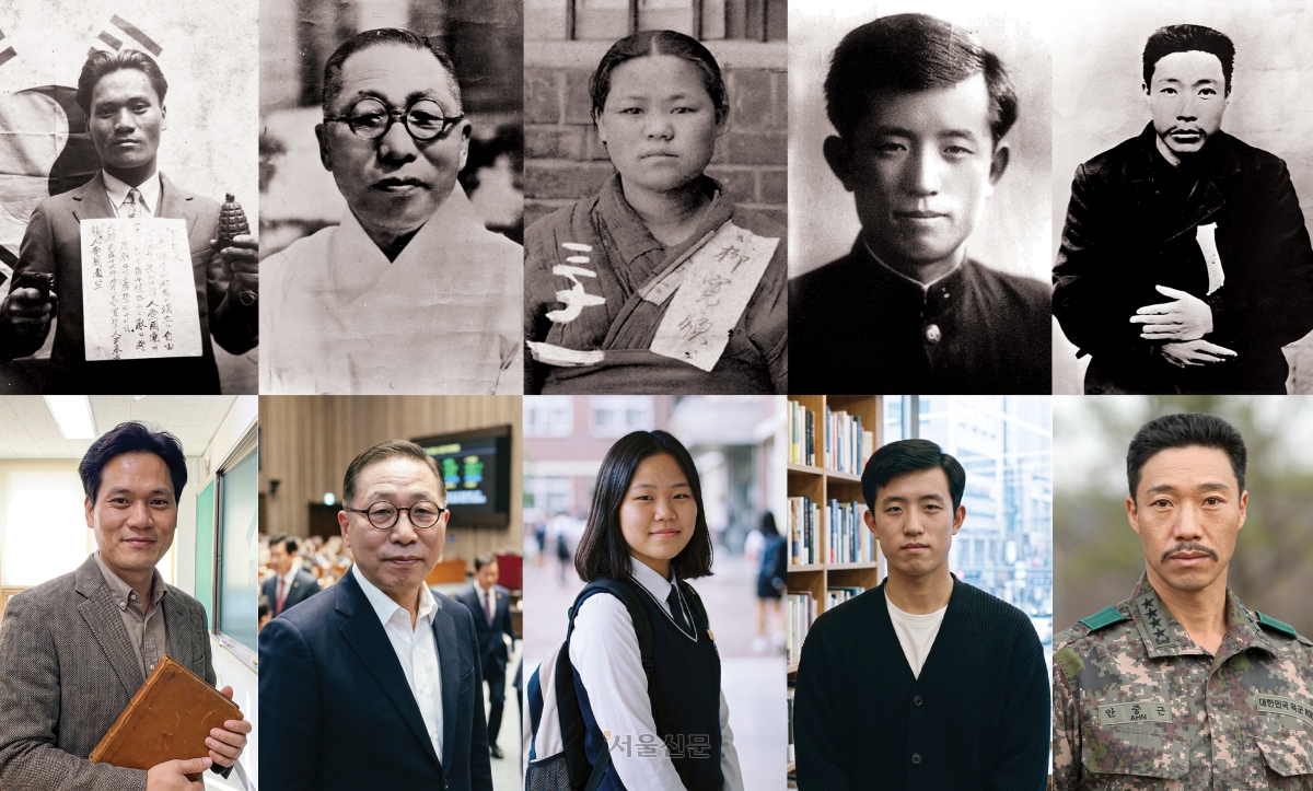 제81주년 광복절을 맞아 인공지능(AI) 기술을 통해 2026년 현대의 모습으로 재탄생한 독립 영웅들. 사진 왼쪽부터 윤봉길 의사(교육자)·김구 선생(정치인)·유관순 열사(학생)·윤동주 시인·안중근 의사(군인)가 각자의 본래 직업과 못다 이룬 꿈을 살린 모습으로 돌아왔다. 아래 사진은 구글 나노바나나 프로를 통해 제작했다. 2026.8.15 원본사진 국가보훈부 제공, 홍윤기·이지훈 기자