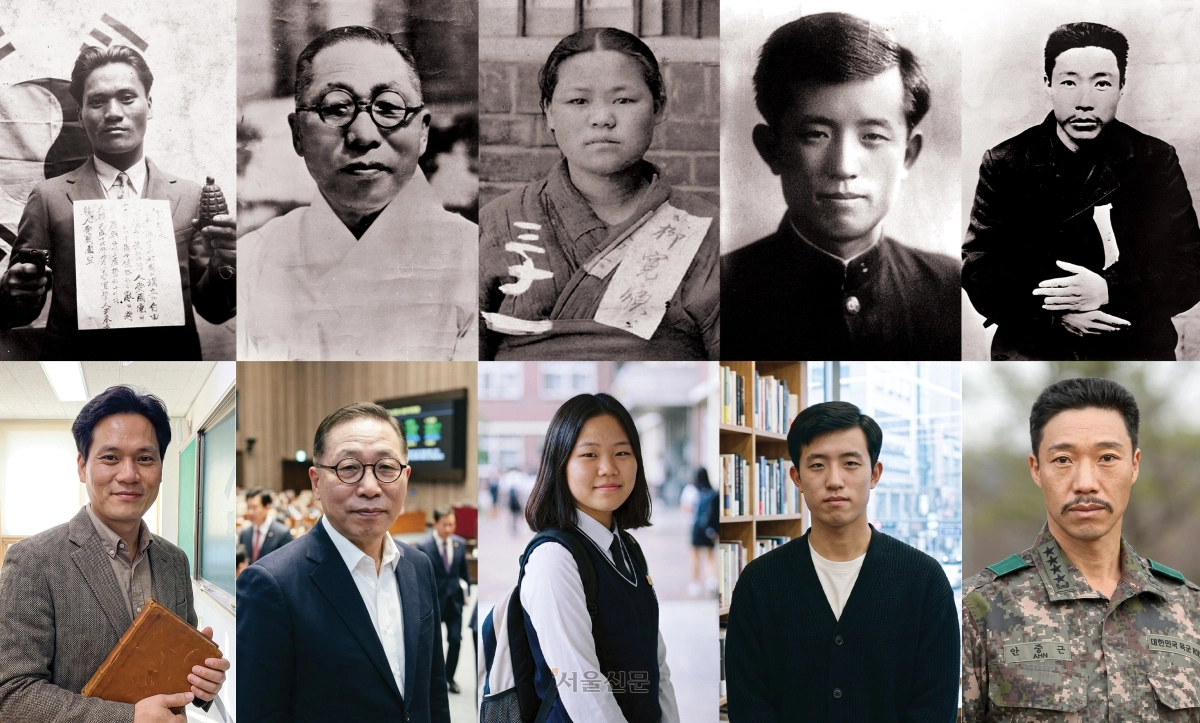 제81주년 광복절을 맞아 인공지능(AI) 기술을 통해 2026년 현대의 모습으로 재탄생한 독립 영웅들. 사진 왼쪽부터 윤봉길 의사(교육자)·김구 선생(정치인)·유관순 열사(학생)·윤동주 시인·안중근 의사(군인)가 각자의 본래 직업과 못다 이룬 꿈을 살린 모습으로 돌아왔다. 아래 사진은 구글 나노바나나 프로를 통해 제작했다. 2026.8.15 원본사진 국가보훈부 제공, 홍윤기·이지훈 기자