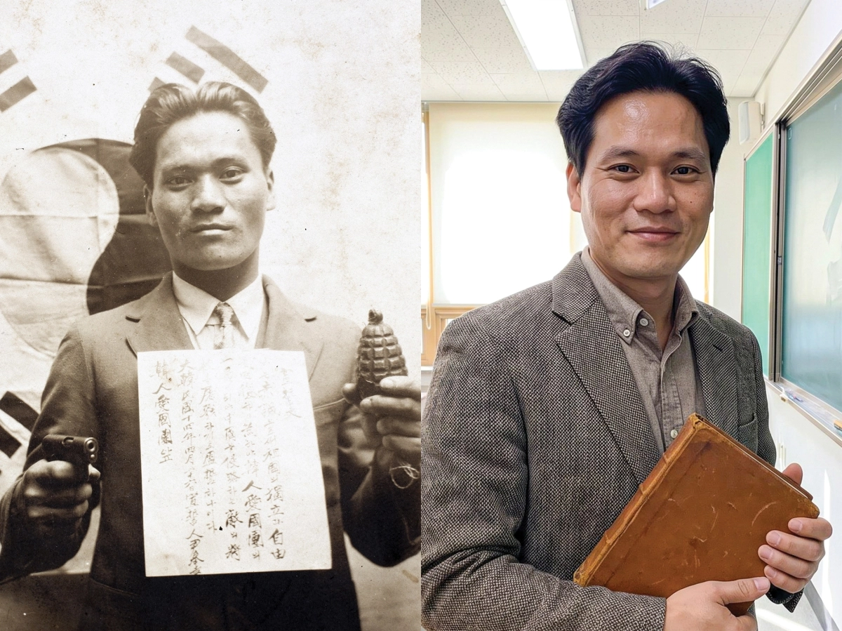 윤봉길 의사가 1932년 상하이 훙커우 공원 의거 전 왼손에 수류탄과 오른손에 권총을 들고 선서문을 가슴에 붙인 모습(왼쪽)과 의사가 2026년에 고등학교 선생님으로 활동하는 모습을 상상해 AI로 제작한 사진. 만약 윤봉길 의사가 2026년 오늘로 돌아온다면 학생들을 가르쳤던 경험을 살려 교육자의 길을 걷지 않을까.