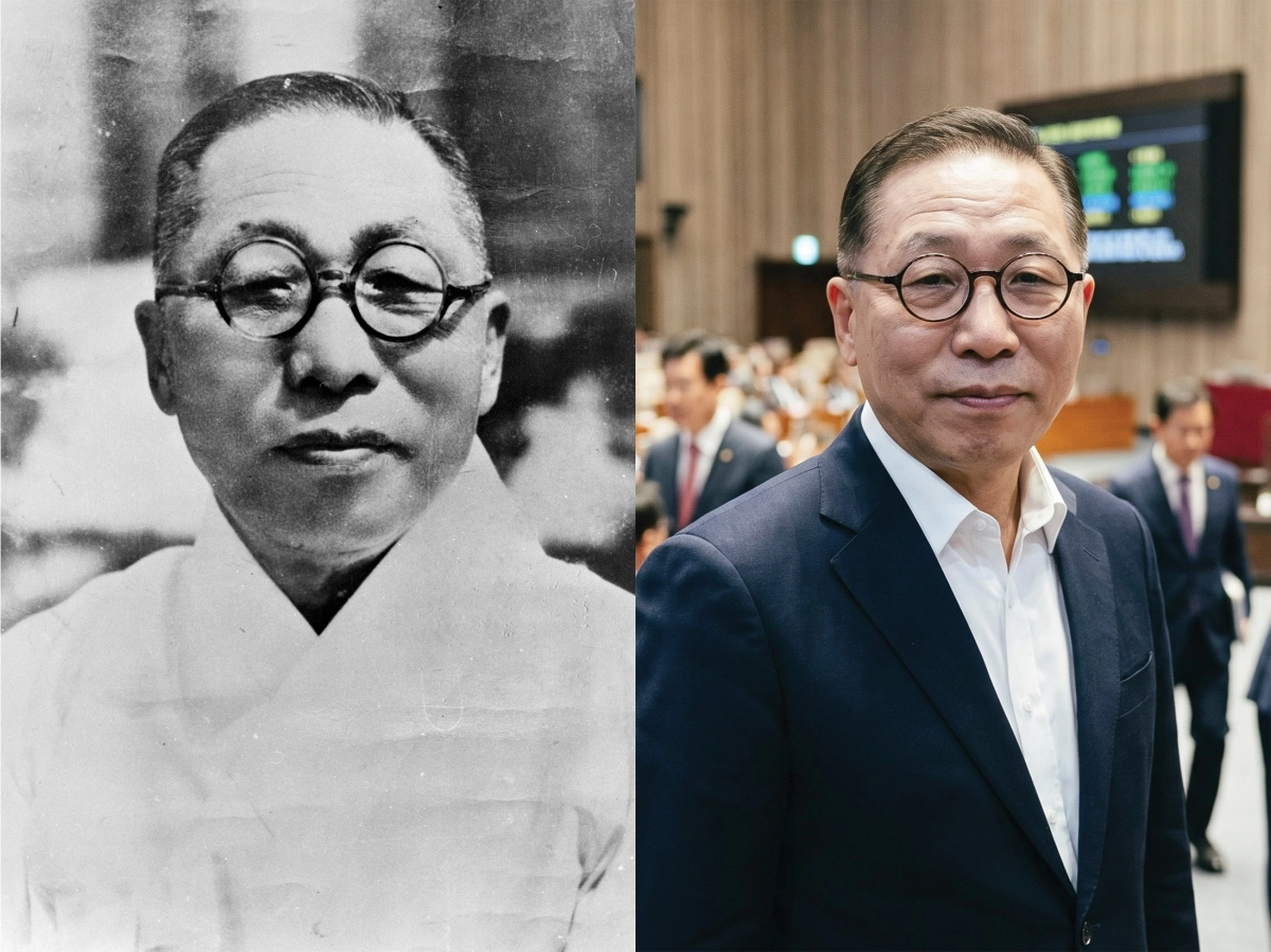 백범 김구 선생의 모습(왼쪽)과 선생이 2026년에 정치인으로 활동하는 모습을 상상해 AI로 제작한 사진. 해방 전후로 한평생 애국의 길만 걸어온 백범 선생이 2026년 오늘로 돌아온다면 국민들을 위해 뜻을 펼치는 정치인이 됐을 듯하다.