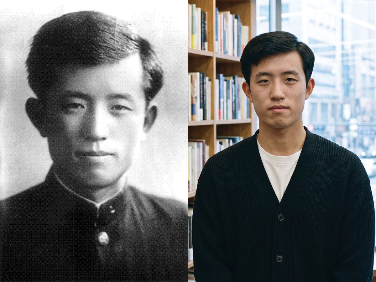 윤동주 시인의 모습(왼쪽)과 시인이 2026년에 시를 집필하기 위해 도서관에 있는 모습을 상상해 AI로 제작한 사진. 윤동주 시인이 현대 인물이라면 베스트셀러 시집을 출간하는 최고의 작가가 되지 않았을까.