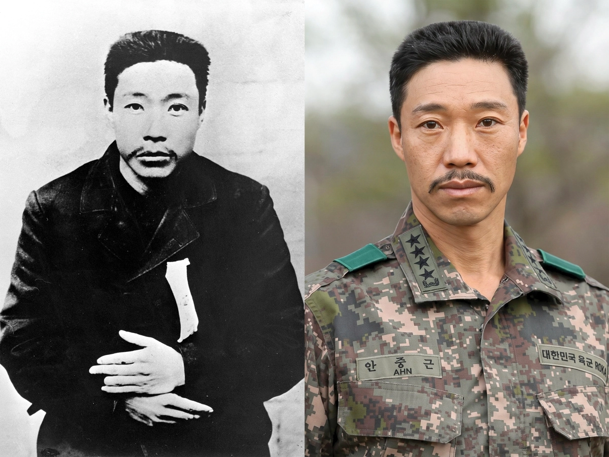 안중근 의사의 모습(왼쪽)과 의사가 2026년에 대한민국 육군 대장으로 활동하는 모습을 상상해 AI로 제작한 사진. 안중근 의사가 2026년 오늘로 돌아온다면 의병 부대를 지휘한 경험을 살려 훌륭한 지휘관이 됐을 것이다.