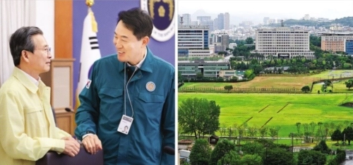 김용범(왼쪽) 청와대 정책실장과 오세훈 서울시장이 18일 청와대에서 열린 제1회 을지국무회의에서 대화를 나누고 있다. 오른쪽 사진은 정부가 주택 공급 후보지로 검토 중인 서울 용산구 용산공원 일대의 전경. 서울시와 용산구는 역사·환경적 가치 등을 이유로 공원 내 주택 공급에 반대하고 있다. 뉴스1