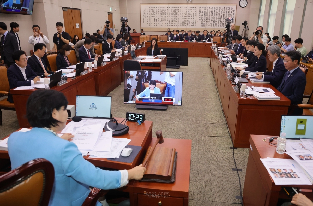 더불어민주당 ﻿서영교(앞쪽 뒷모습) 국회 법제사법위원장이 19일 국회에서 열린 법사위 전체회의에서 의사봉을 두드리고 있다. 안주영 전문기자