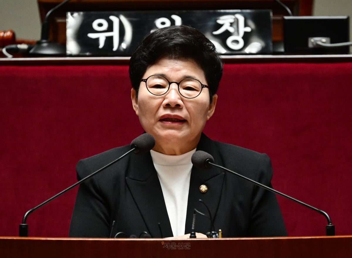 임이자 국민의힘 의원이 국회 성평등가족위원장 후보로 선출됐을 당시인 지난달 23일 국회에서 열린 제22대 국회 후반기 상임위원장 후보자 선출 의원총회에서 인사말을 하고 있다. 홍윤기 기자