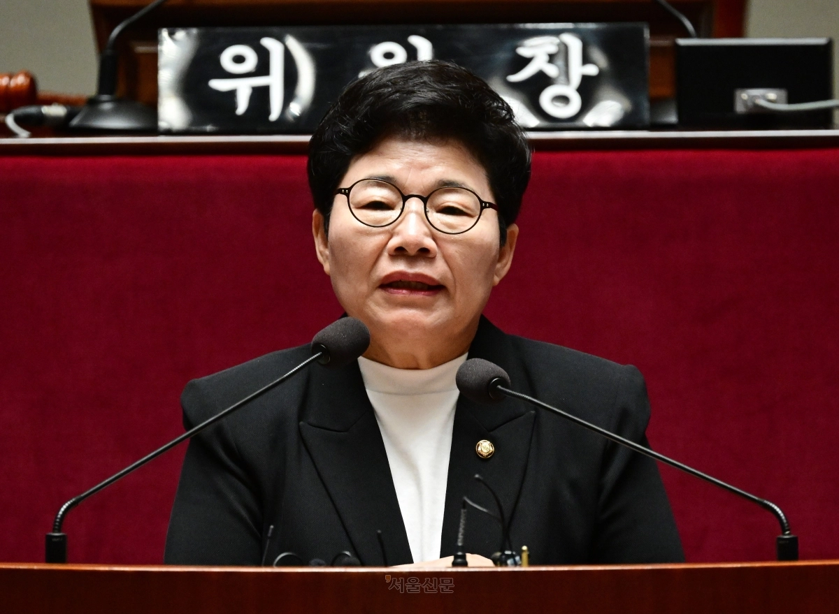 임이자 국민의힘 의원이 국회 성평등가족위원장 후보로 선출됐을 당시인 지난달 23일 국회에서 열린 제22대 국회 후반기 상임위원장 후보자 선출 의원총회에서 인사말을 하고 있다. 홍윤기 기자
