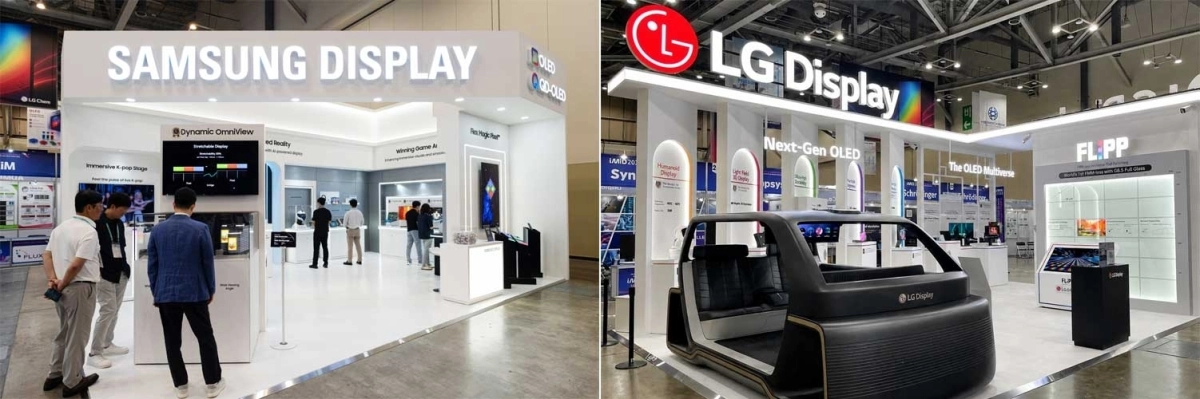 삼성디스플레이와 LG디스플레이가 19일 부산 해운대구 벡스코에서 열린 ‘국제정보디스플레이학술대회(IMID 2026)’에서 차세대 유기발광다이오드(OLED) 기술을 선보였다. 사진은 삼성디스플레이 전시 부스(왼쪽)과 LG디스플레이 전시 부스.  각 업체 제공