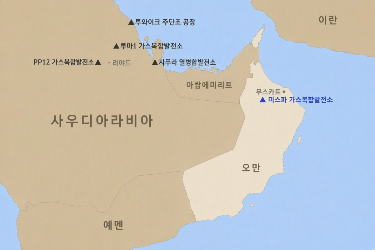 오만 미스파 가스복합발전소 위치. 두산에너빌리티 제공