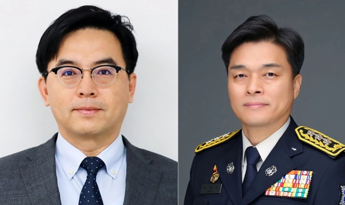 박정성(왼쪽) 신임 산업통상부 통상교섭본부장과 최용철 신임 소방청장.