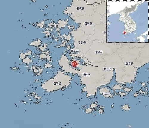 규모 3.1 지진이 발생한 전남광주 해남 서북서쪽 21㎞ 지점. (연합뉴스)