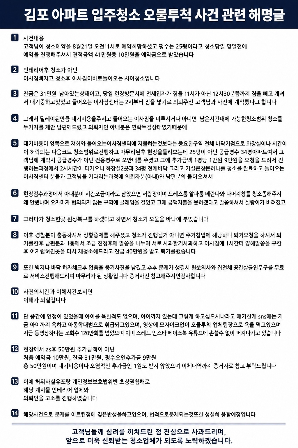 21일 SNS 스레드에는 김포의 한 아파트 입주청소를 의뢰했다가 업체 측과 마찰을 빚었다는 A씨의 글이 올라왔다. A씨는 청소 전후로 보이는 현장 사진과 함께 “오물폭탄 서비스까지 주시고 최고, 감동”이라고 비꼬았다. 그러면서 청소업체 직원이 청소기 속 오물을 거실 바닥에 쏟아붓는 모습이 담긴 동영상을 공개했다. 이 과정에서 직원의 얼굴이 고스란히 노출되기도 했다. 업체 측은 바닥에 오물을 쏟은 것은 사실이라고 인정했다. 다만 고객이 주장한 ‘추가금 50만원’은 사실과 다르다고 반박했다. 사진은 업체 측이 올린 해명글. 2026.8.22 스레드