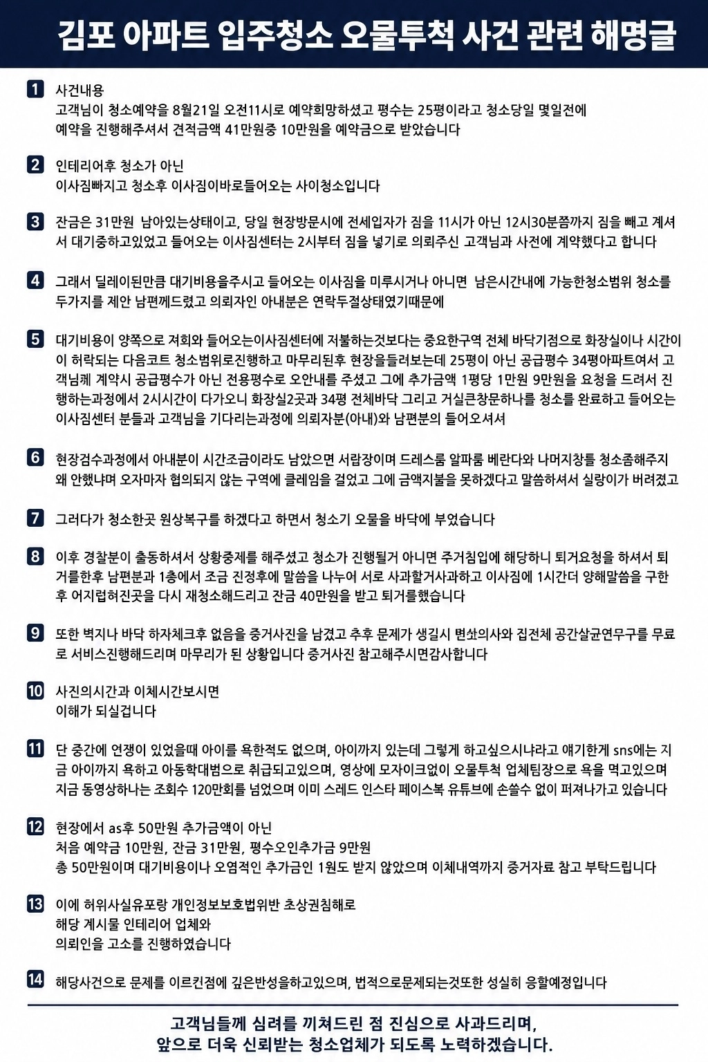 21일 SNS 스레드에는 김포의 한 아파트 입주청소를 의뢰했다가 업체 측과 마찰을 빚었다는 A씨의 글이 올라왔다. A씨는 청소 전후로 보이는 현장 사진과 함께 “오물폭탄 서비스까지 주시고 최고, 감동”이라고 비꼬았다. 그러면서 청소업체 직원이 청소기 속 오물을 거실 바닥에 쏟아붓는 모습이 담긴 동영상을 공개했다. 이 과정에서 직원의 얼굴이 고스란히 노출되기도 했다. 업체 측은 바닥에 오물을 쏟은 것은 사실이라고 인정했다. 다만 고객이 주장한 ‘추가금 50만원’은 사실과 다르다고 반박했다. 사진은 업체 측이 올린 해명글. 2026.8.22 스레드