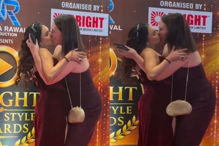 인도 출신 여배우 니키타 라왈(왼쪽)은 지난 8일(현지시간) 인도 뭄바이에서 개최된 ‘Bright OTT ＆ Style Awards’ 행사에서 레드카펫에 난입한 팬에게 강제로 입맞춤을 당했다. 엑스(X) 캡처