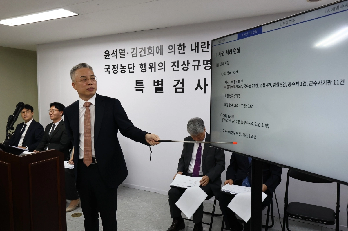 3대 특검 이후 남은 의혹을 수사해 온 권창영 2차 종합특별검사가 24일 경기도 과천 특검팀 사무실에서 최종 수사결과 발표를 하고 있다. 2026.8.24 연합뉴스