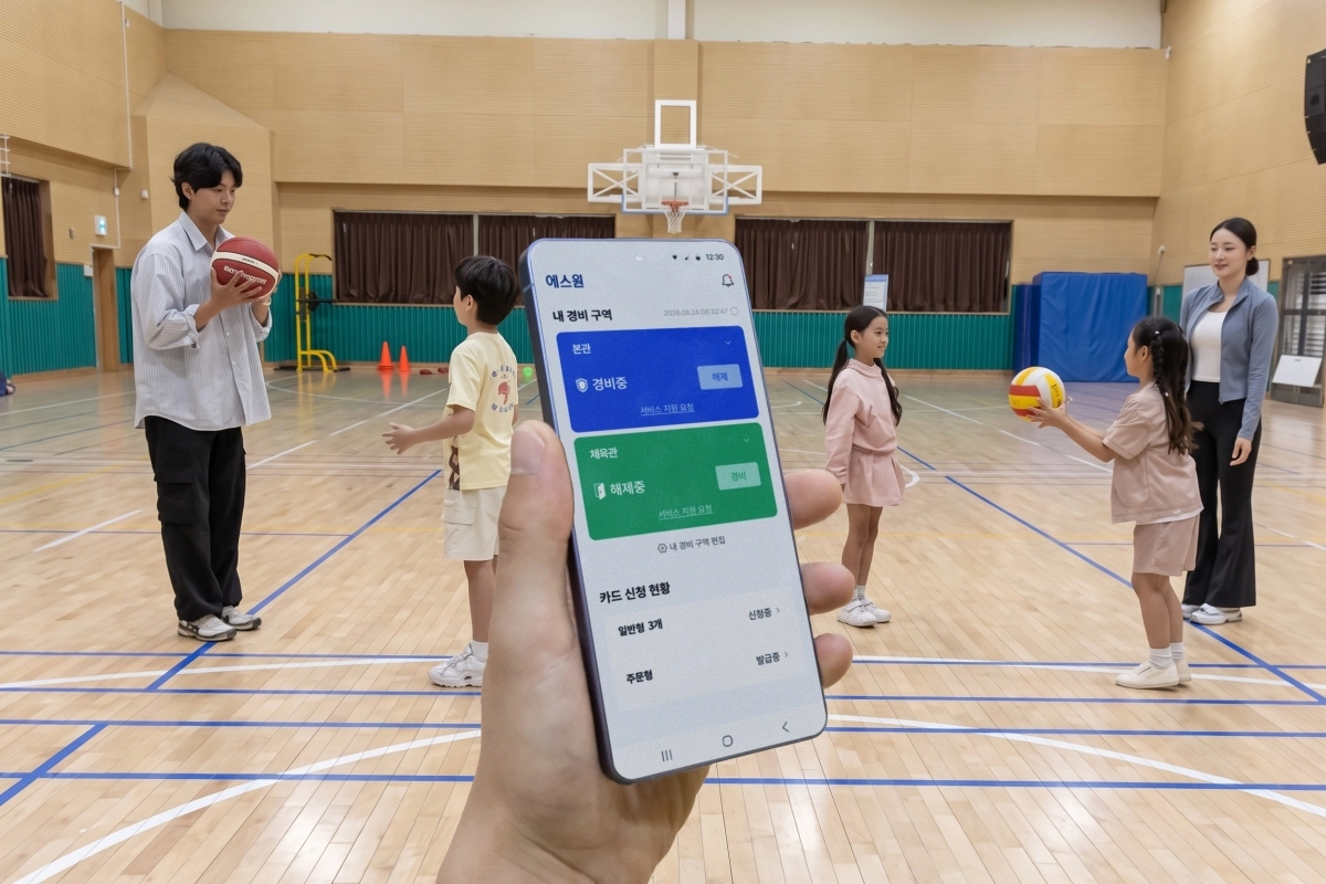 에스원 학교 안전 솔루션이 적용된 체육관 내부 상황을 모바일 앱으로 모니터링하고 있는 모습. 에스원 제공