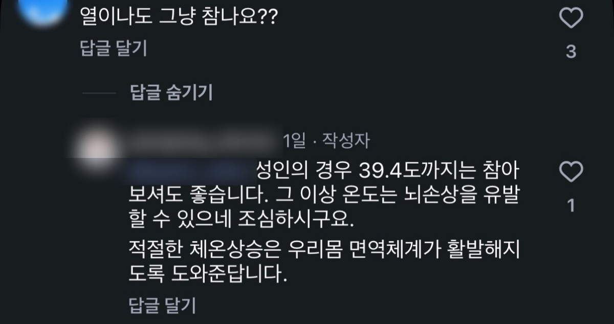 A 한의사는 ‘열이 나도 그냥 참냐’는 질문에 “성인의 경우 39.4도까지는 참아 보셔도 좋다. 그 이상 온도는 뇌손상을 유발할 수 있으니 조심하시라”라며 “적절한 체온상승은 우리몸 면역체계가 활발해지도록 도와준다”고 답했다. A 한의사 인스타그램 캡처
